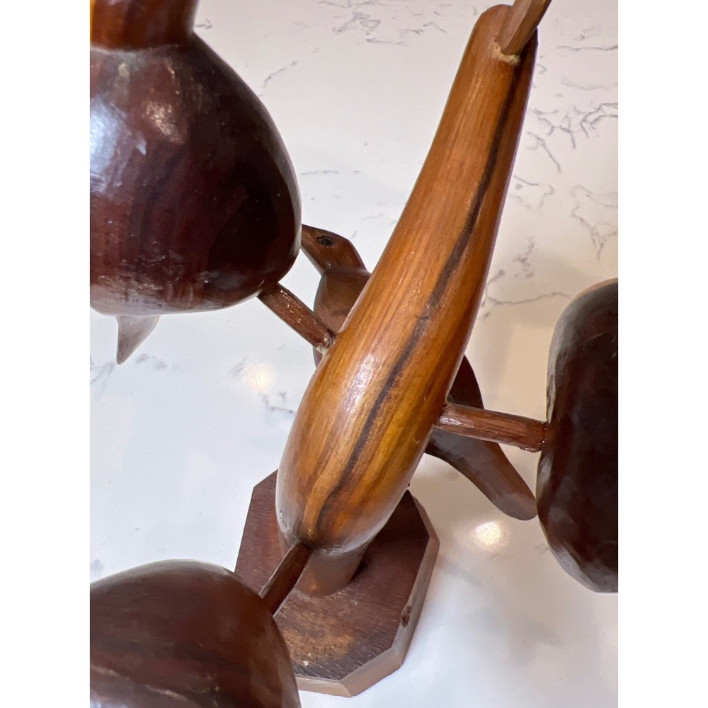 Vintage Hand Carved Wood Bird Tree Sculpture 5 Birds on Branch Folk Art MCM - Picture 10 of 12